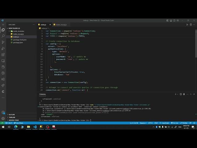 Failed to connect to the database - (sequence) | Code : ESOCKET | MSSQL NodeJs tedious error fix