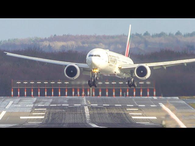 CROSSWIND LANDINGS DURING A STORM AT DÜSSELDORF - AIRBUS A380 GO AROUND, B767, B777 (4k)