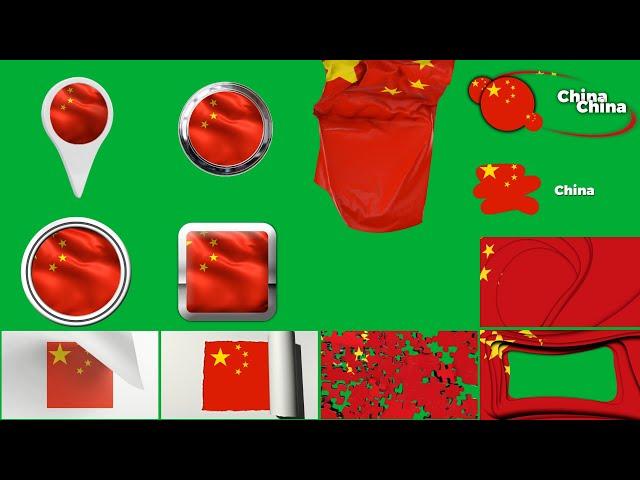 China Multi Flag PACK Green Screen + Alpha