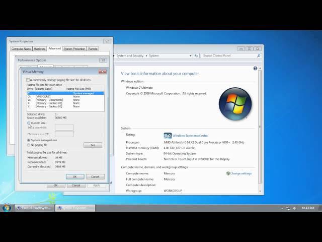 Windows 7 - Adjust the Vitual Memory Pagefile Setting - Increase Performance