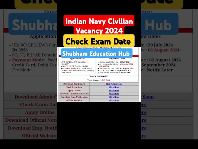 Indian Navy Civilian Exam Date 2024Indian Navy Civilian Admit Card 2024Navy New Vacancy 2024 #feed