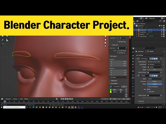 Create Eyebrows, eyelashes | #9 Blender 3d character modeling | sculpting