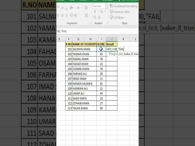 How to get fail and pass result using if function || IF function in excel