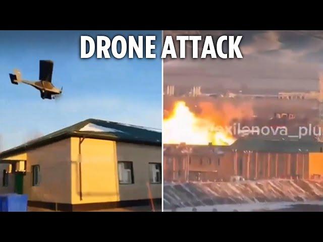 Dramatic moment Ukrainian aircraft-style drone smashes into Russian base sparking huge fireball