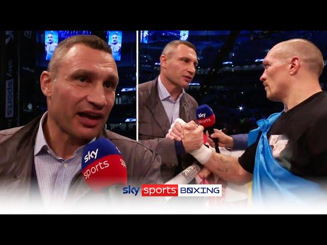 Vitali Klitschko embraces Oleksandr Usyk after his victory over Anthony Joshua