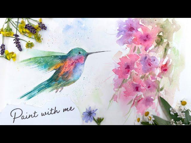 How to paint a Beautiful Hummingbird and Loose Hibiscus Flowers in Watercolor - Realtime Tutorial