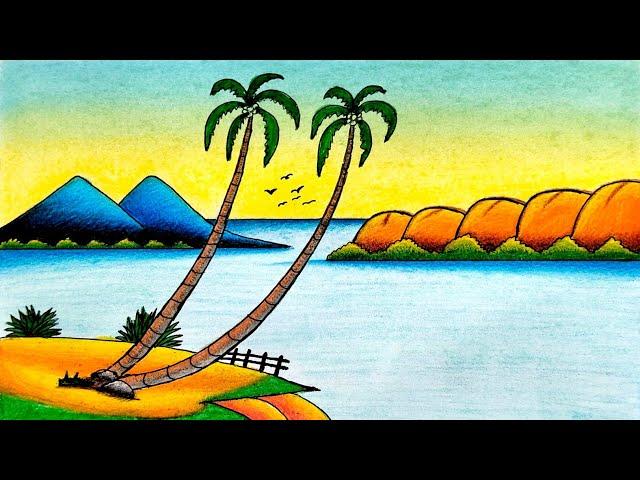 How to Draw Beautiful Mountain River Scenery Drawing | Landscape Scenery Drawing for beginners