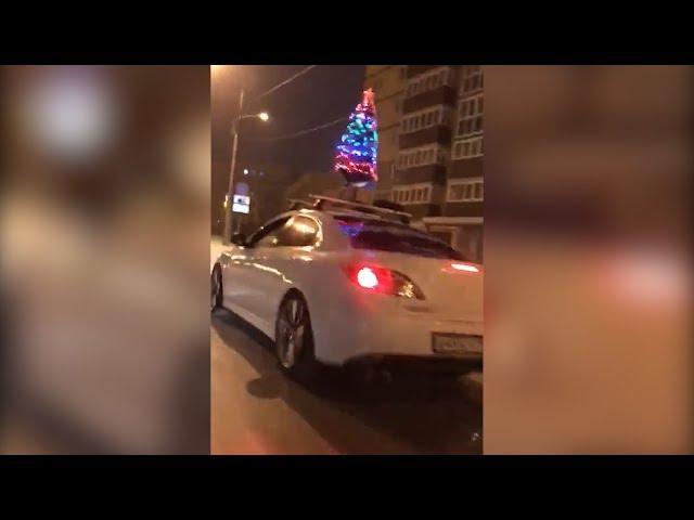 Елка на машине и Дед Мороз за рулем
