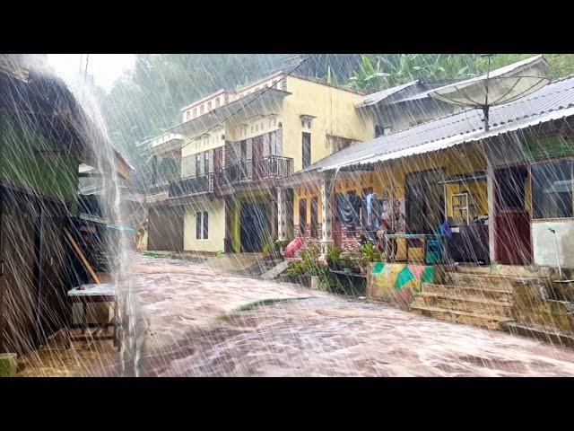 Walking in the powerfull of heavy rain in rulal village life, Rain sounds for sleep and study, ASMR