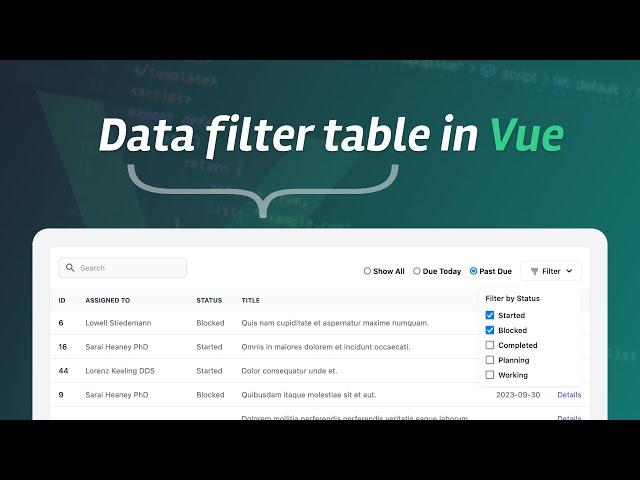 Let's create a filter table component in Vue