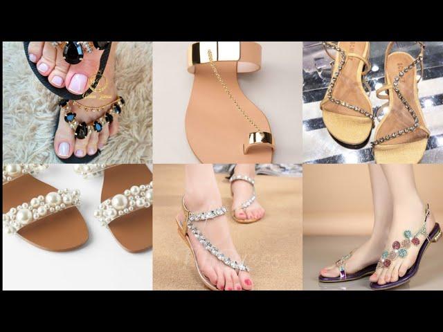 college wear flat sandals   ,fancy party wear flat sandals  ,girls stylish and fancy sandals