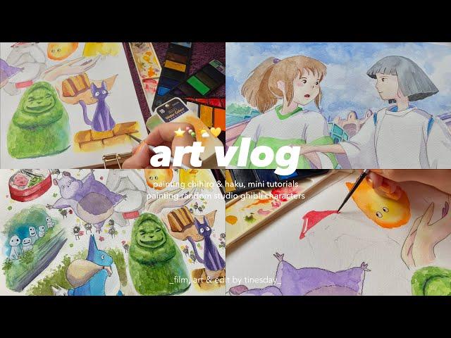 art vlog  watercolor painting chihiro & haku, random studio ghibli characters painting process⭐️