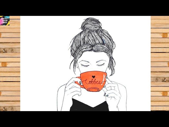 How to draw a girl drinking coffee || Girl with coffee mug || Pencil sketch of a girl for beginners