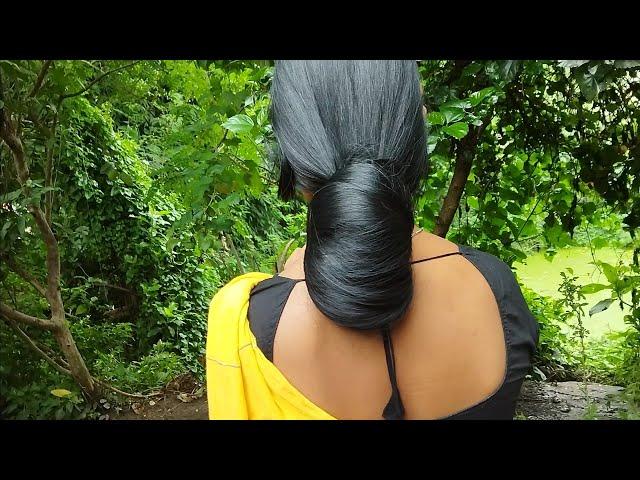 Smooth Long Hair Bun Carefully Open And Silky Shine Long Hair Play For Husband |