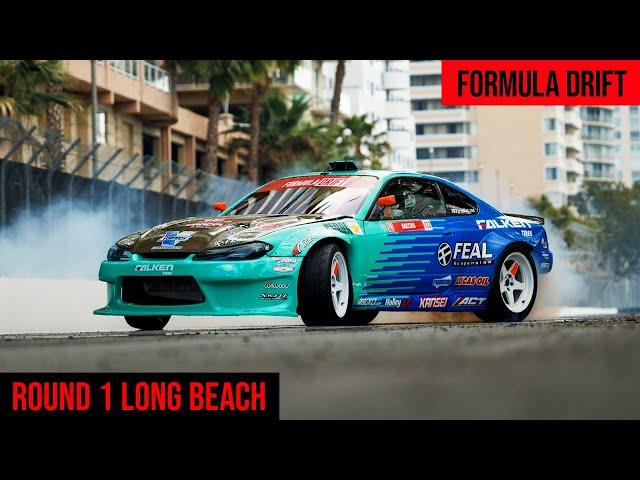 Formula Drift 2022 Long Beach R1 Aurimas ODI Bakchis runs, Matt Field - Fredric Aasbo crash