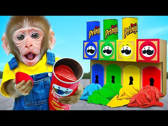 Kiki Monkey find out Four Elements Cripsy Pringles Chips with Four Colors challenge|KUDO ANIMAL KIKI