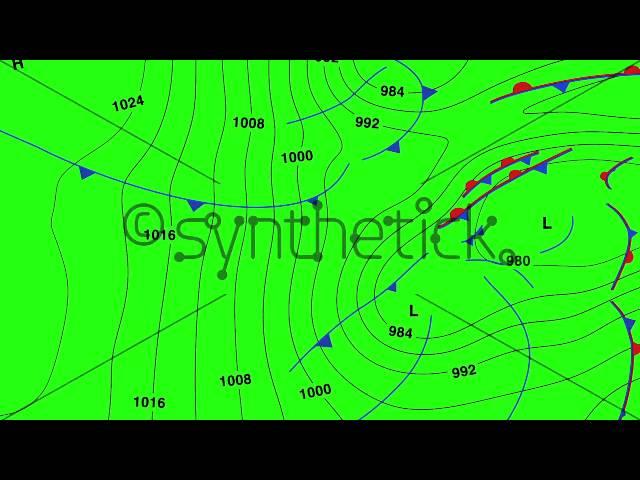 Animated weather forecast map on chroma key green screen background.