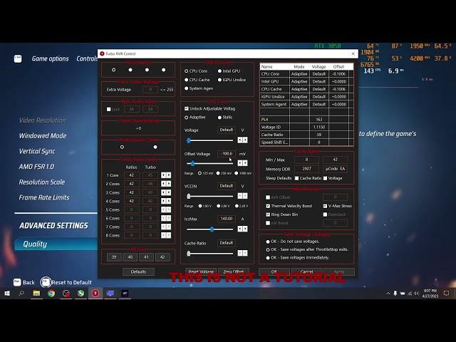 Settings I use to reach 4.2Ghz on the CPU RTX 3050M 4Gb i5-10300H Acer Nitro 5 ThrottleStop 9.5