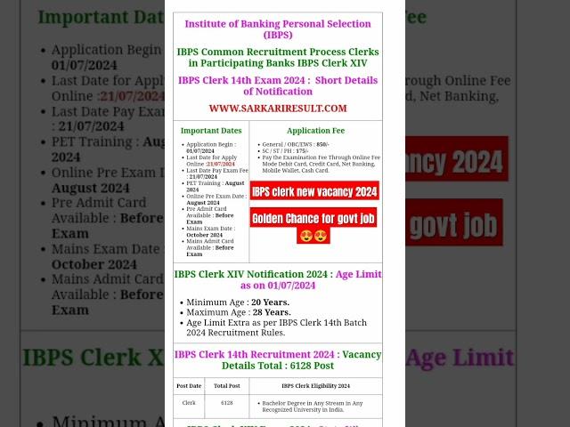 IBPS clerk Notification Out 2024 | 6128+ Post| Gramin Bank Vacancy 2024 #bank #ibps#rrb#shorts#short