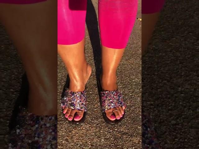 Fresh oily feet, pink toes, pink multi colored Sandal slides, Sun Shining