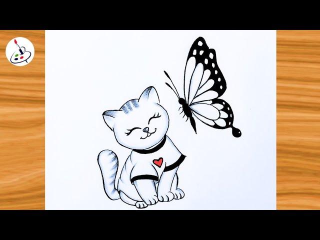 Drawing of a Cat with Butterfly||Simple Pencil Sketch||Easy Drawing ideas for Beginners