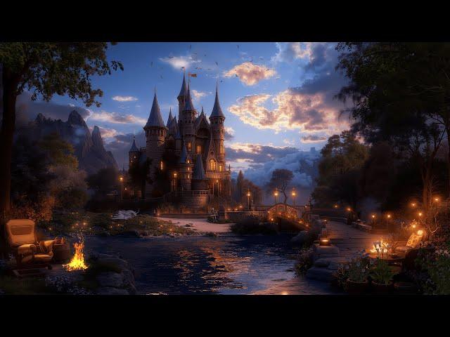 Fantasy Medieval Castle Night Ambience | Crackling Fire, Crickets, Calming Nature Sounds