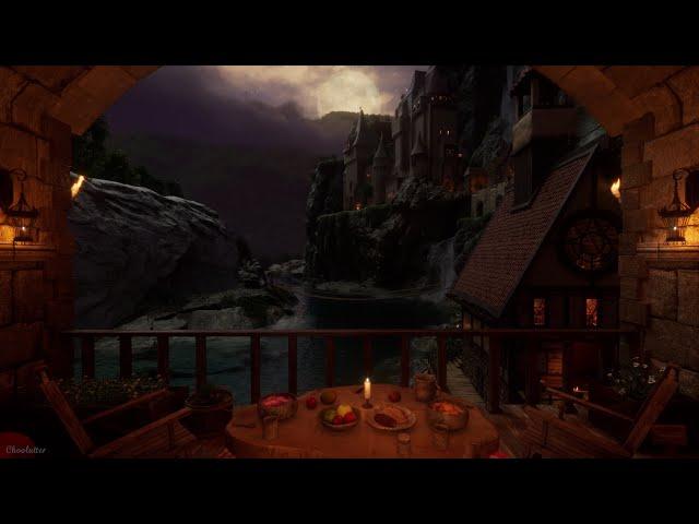 Fantasy Medieval Canyon Village Nighttime Ambience | Crackling Fire, Water, Crickets, Owl Sounds