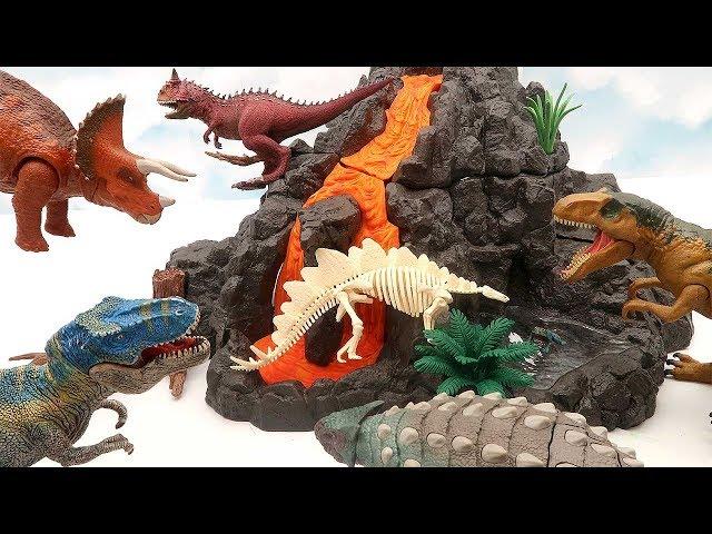 Dinosaur Island Volcano Eruption - Jurassic World, Schleich Dinosaur Battle And Hunter Feeds! 공룡 쥬라기