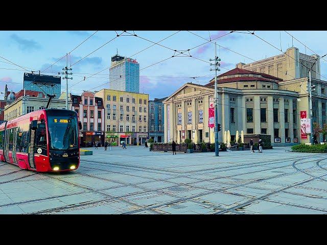 Katowice Poland Walking tour,Evening in the city center波蘭漫步-卡托維茲【4K HDR 60fps】