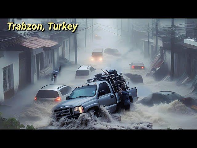 Massive flood on the road due to intense rainfall in the Araklı of Trabzon province, Turkey