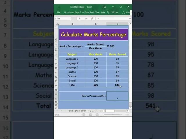 Calculate #Marks Percentage In Excel Short Video