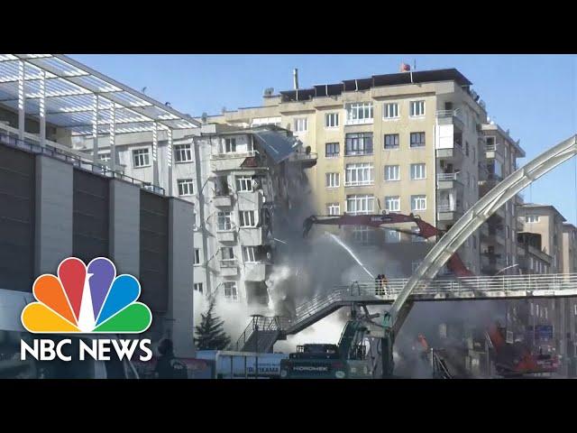 Building collapses during demolition after deadly earthquake in Turkey