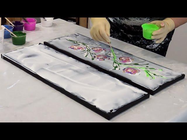 DIPTYCH Acrylic Painting ~ Acrylic Pouring Flower Dip ~ Fluid Art with Transparent Base