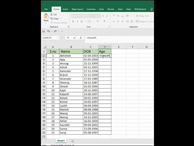 Find age from DOB in excel using Datedif function