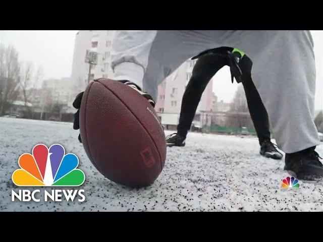 Ukrainian soldiers playing American football