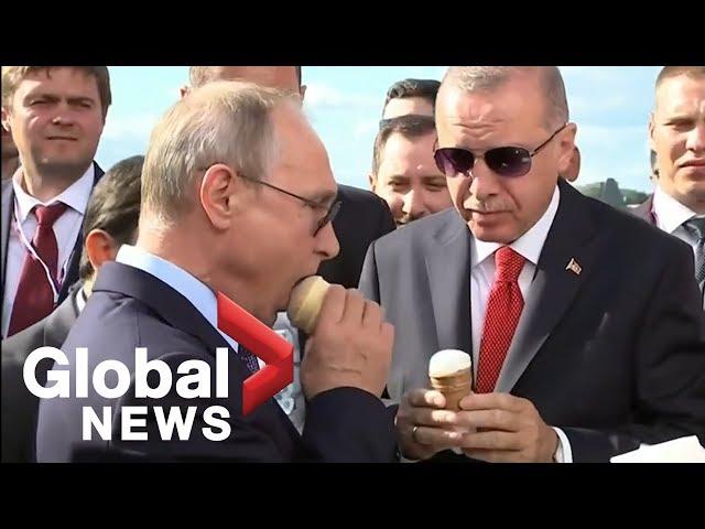 Putin buys Erdogan ice cream, shows off new Su-57 fighter jet during visit to Russia