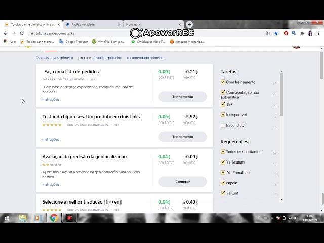 Meus ganhos em um mês no app/site Yandex Toloka