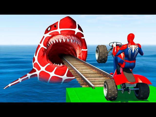 الأبطال الخارقين على القضبان دوامة قمع جسر ️SPIDER MAN!on Motorcycle in Spiral Bridge Stunt Rid