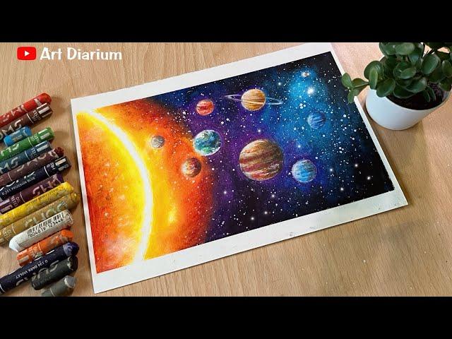 Solar System Drawing with Oil Pastel - Step by Step for beginners #domsoilpastel