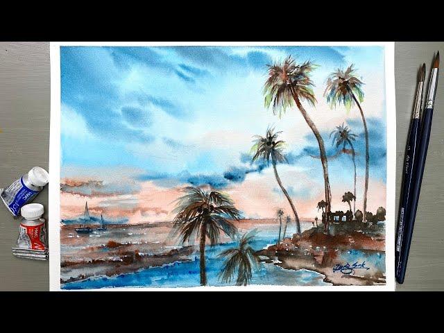 Watercolor Painting - Sunset and Palm Tree of Laguna Beach in California-Healing Sea-Tutotaial