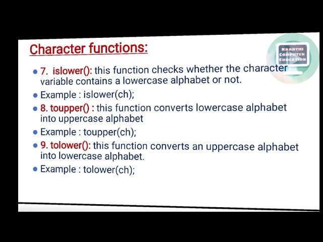 character functions | built-in functions | char functions | ctype.h functions | c language tutorial
