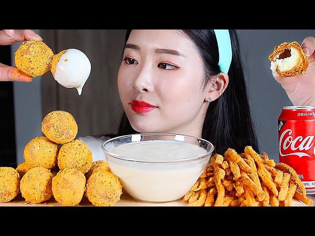 CHEESE BALLS Cheese Fries Dipping Sauce ASMR Mukbang Eating Show