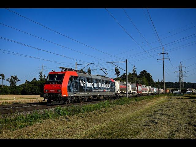 Bahnverkehr im Birrfeld am 18.07.24 Teil 2 - "Captrain 187, Werbe ICE, Re482 Wartung, Umleiter"