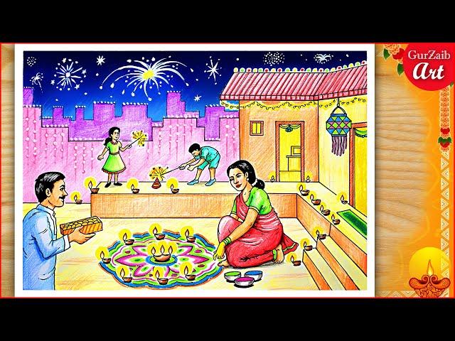 How to Draw Diwali scene Drawing / Indian festival poster / Deepawali painting / दिवाली का चित्र