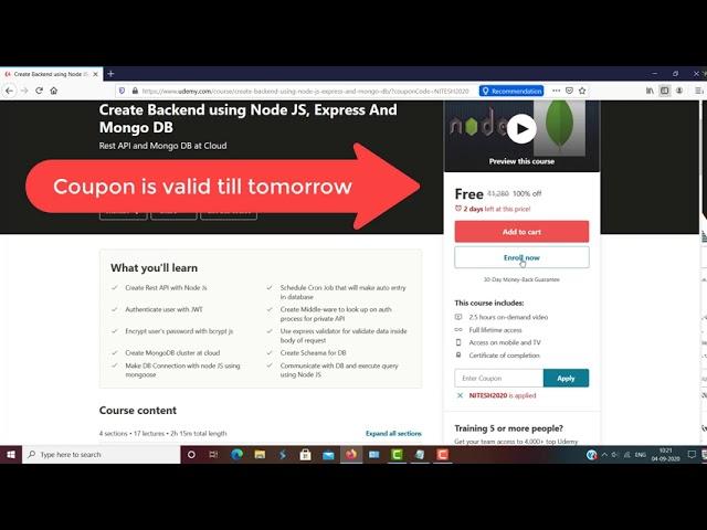 Get Udemy course in free  Node Js, Express Js, Mongo DB