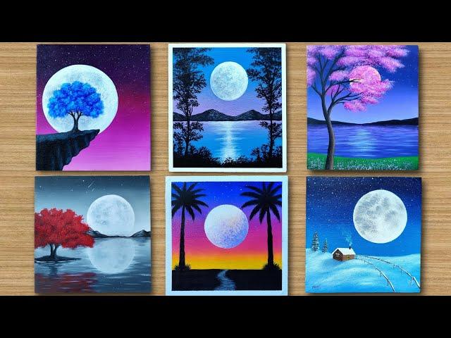 Full Moon | 6 Easy Moonlight scenery painting for Beginners | Acrylic Painting