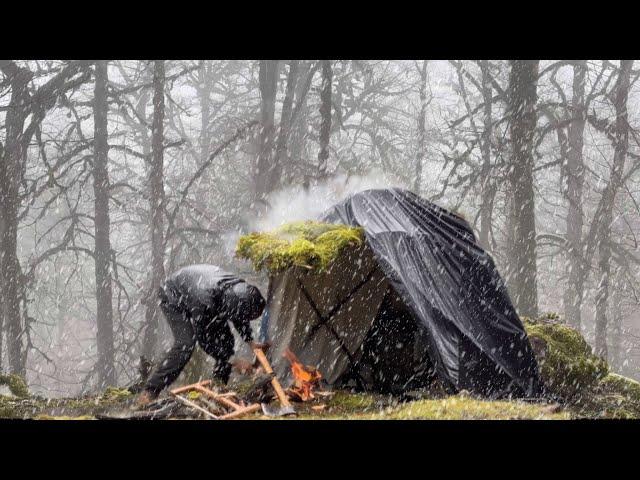 3 Days CAMPING in a SNOWSTORM -  Canvas Tent   -  Snow and Heavy Rain