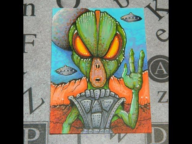 Alien UFO ACEO art card drawing 2.5 X 3.5 inches  Roswell Area 51 Nibiru