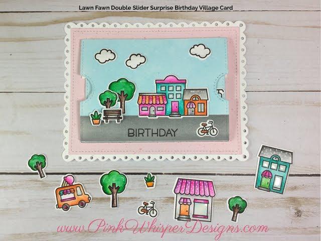 Lawn Fawn Double Slider Surprise Birthday Village Card