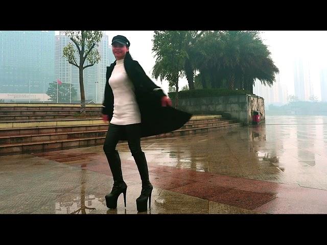 Lily in shanghai with them platform boots and rainy weather